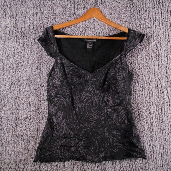 JONATHAN Martin 100% Silk Top Ruffled Cap Sleeve Gray Black V-Neck Women's 14 - Picture 1 of 10